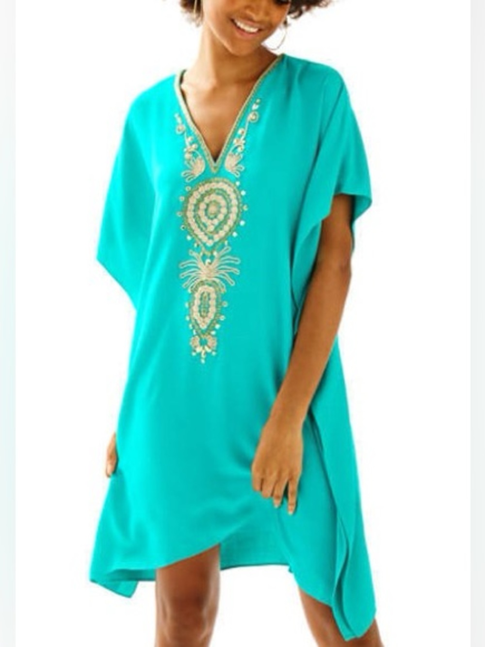 Lilly Pulitzer Chai Caftan Dress Women’s S/M Agate Green Jeweled Beaded